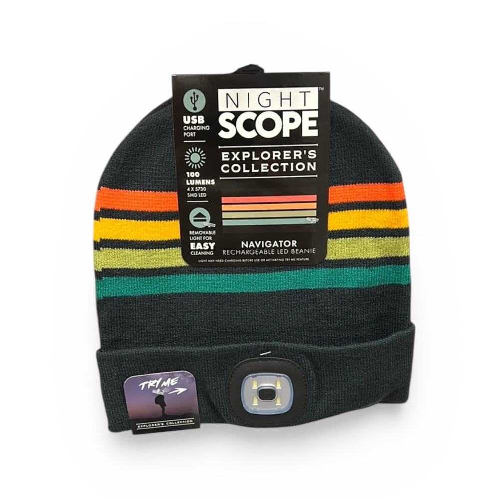 Night Scope Rechargeable LED Beanie in Navigator Black with Colorful Stripe New